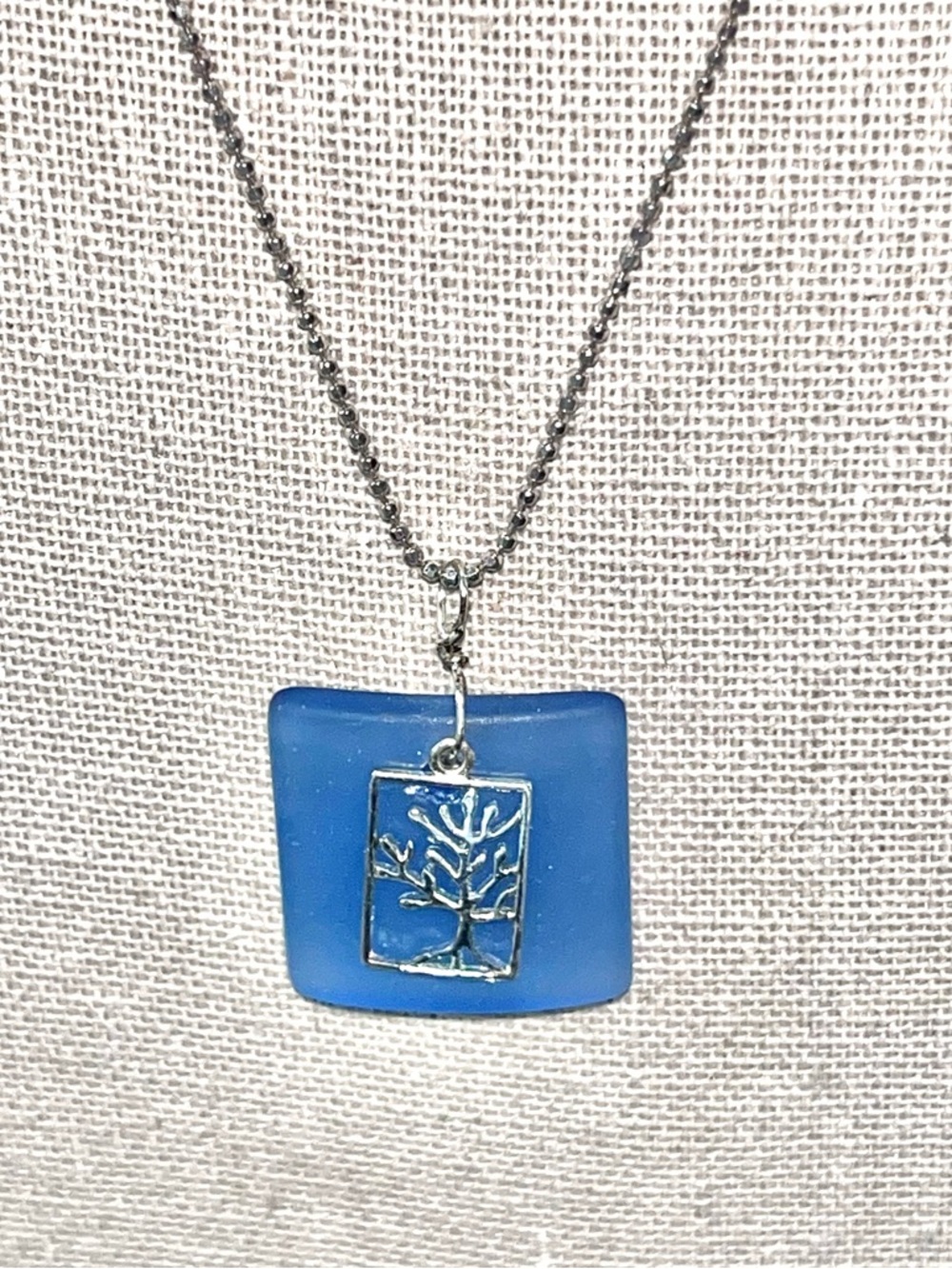 Blue Square Frosted Beach Glass 925 Sterling Tree of Life overlay on 925 chain